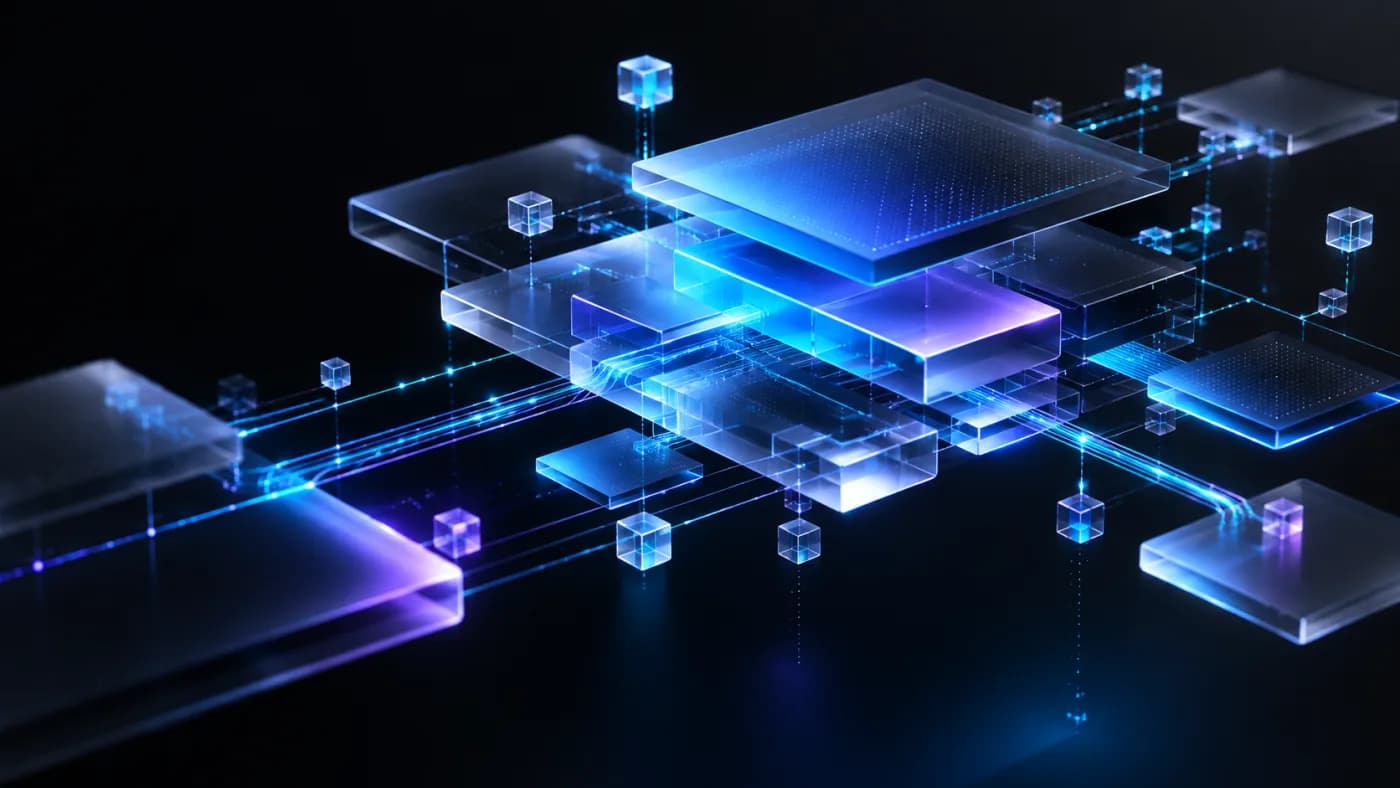 Abstract glass modules connected by luminous blue paths