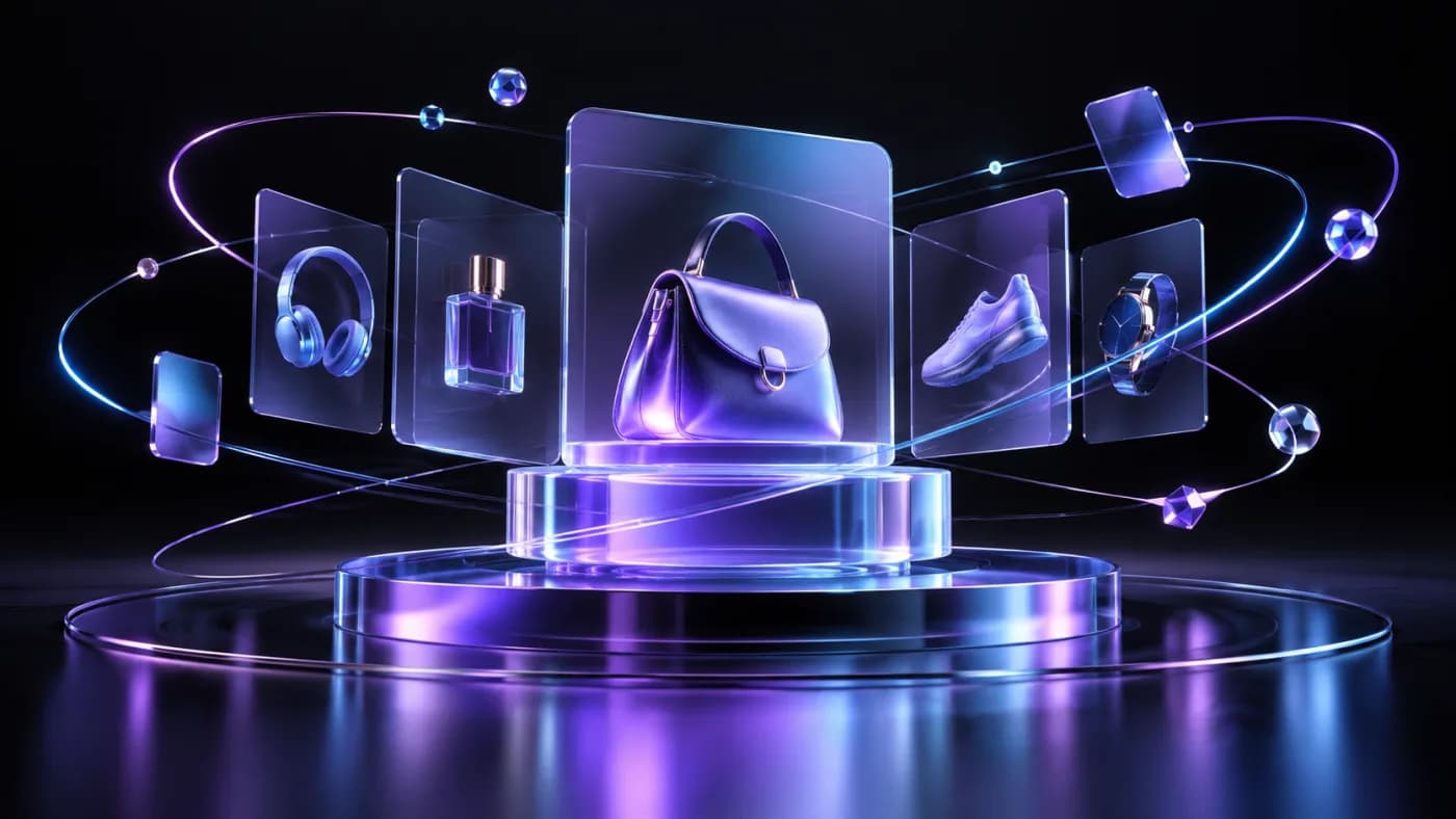Abstract luxury commerce display with translucent panels and product forms